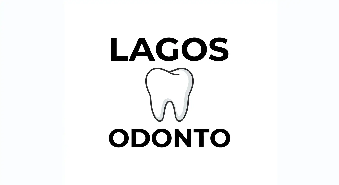 Alt Text: Logotipo da clínica Lagos Odonto com ícone de dente central e texto em preto, ideal para identificação visual de marca.